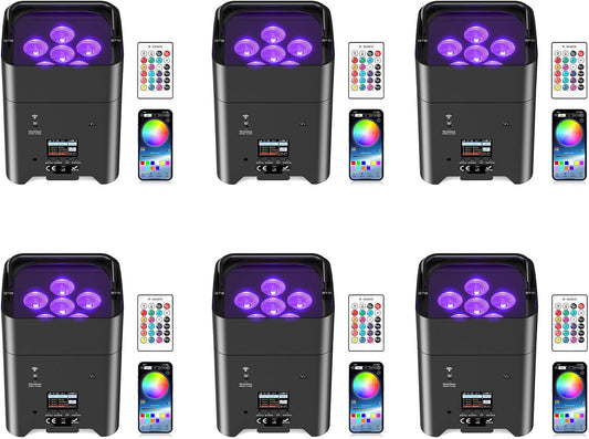 9600mAh Wireless Uplights, 6x18W RGBWA UV Rechargeable Stage Lights, APP/DMX512/Remote Controlled Par Lights, Battery Powered Uplights for Show, Party, Festival, Event, 6 Pack