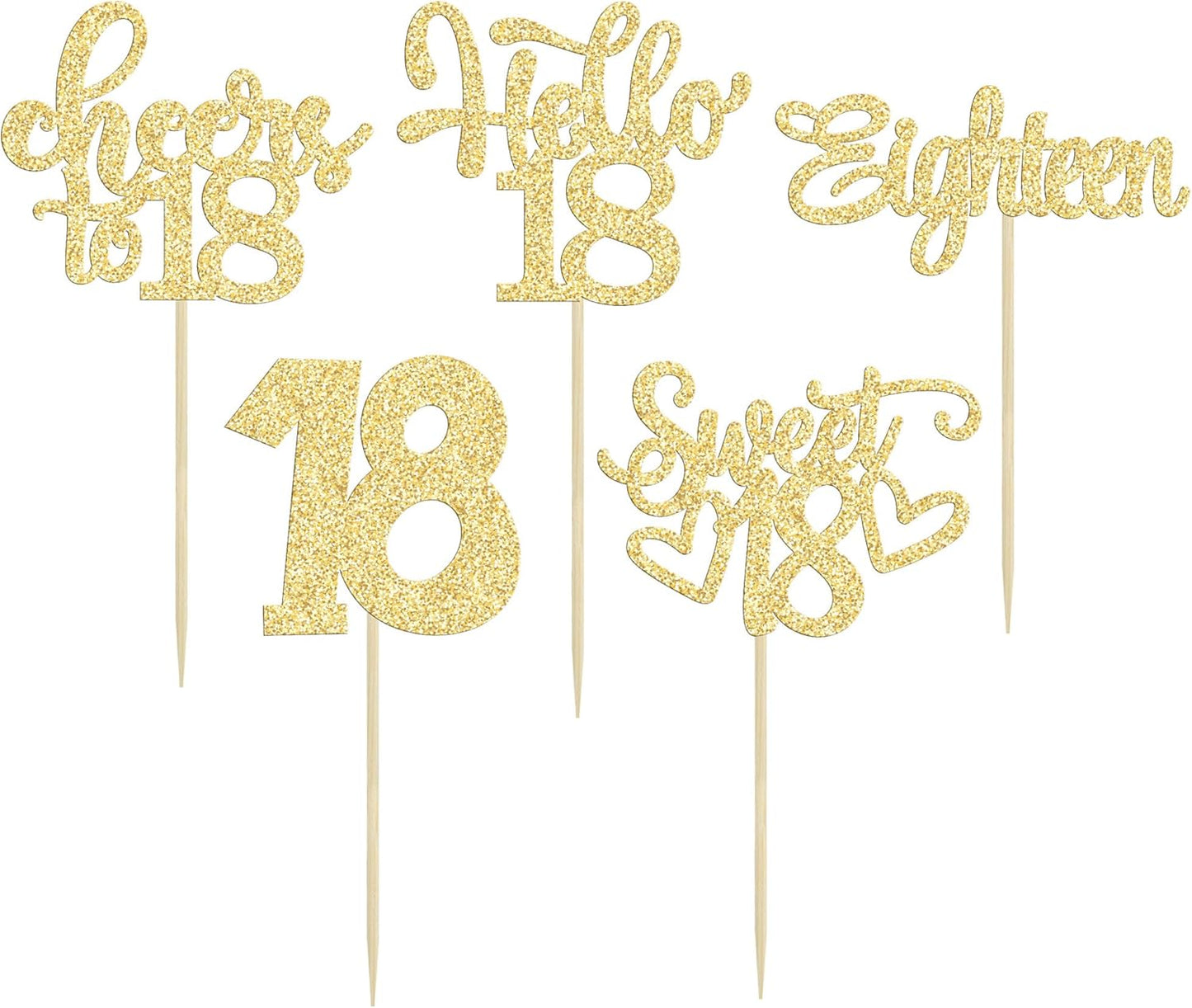 30Pcs18th Birthday Cupcake Toppers Eighteen Happy 18th Cupcake Picks Sweet 18 Cheers to 18 Cake Decorations for 18th Birthday Anniversary Party Supplies Gold Glitter