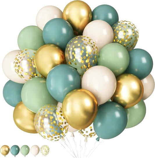 Dusty Blue Sage Green Balloon, 60PCS Pastel Olive Green Slate Blue Beige White Sand Balloon with Metallic Gold Confetti Latex Balloon for Boho Birthday Wedding Baby Bridal Shower Party Decorations