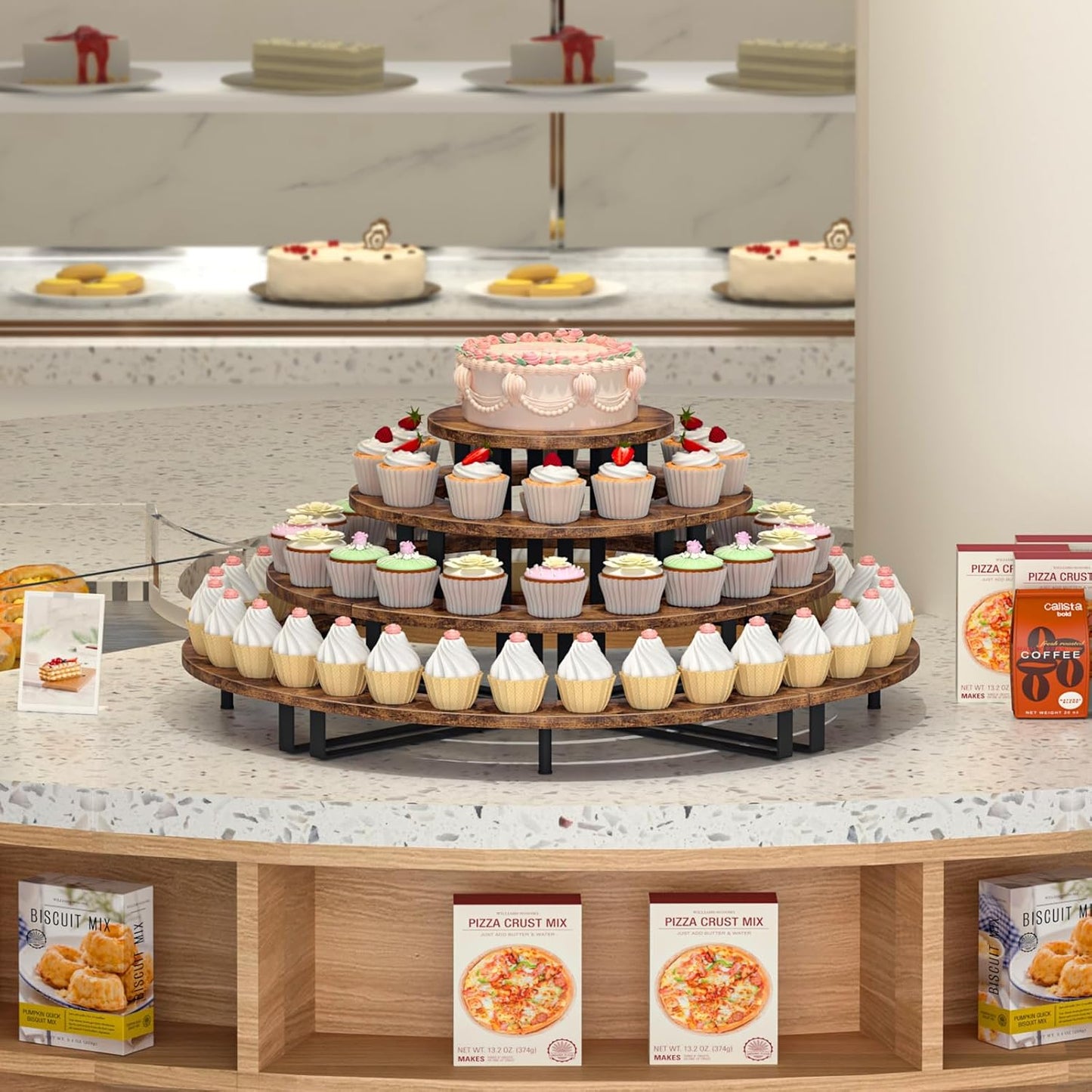 ELITEROO Cupcake Tier Stand, Wooden Cup Cake Stand Stairs, 4 Tier Dessert Table Display Set for Cookie Cocktail Candy Donut, Display Riser for Vendors Craft Show, Rustic Brown Curved Corner