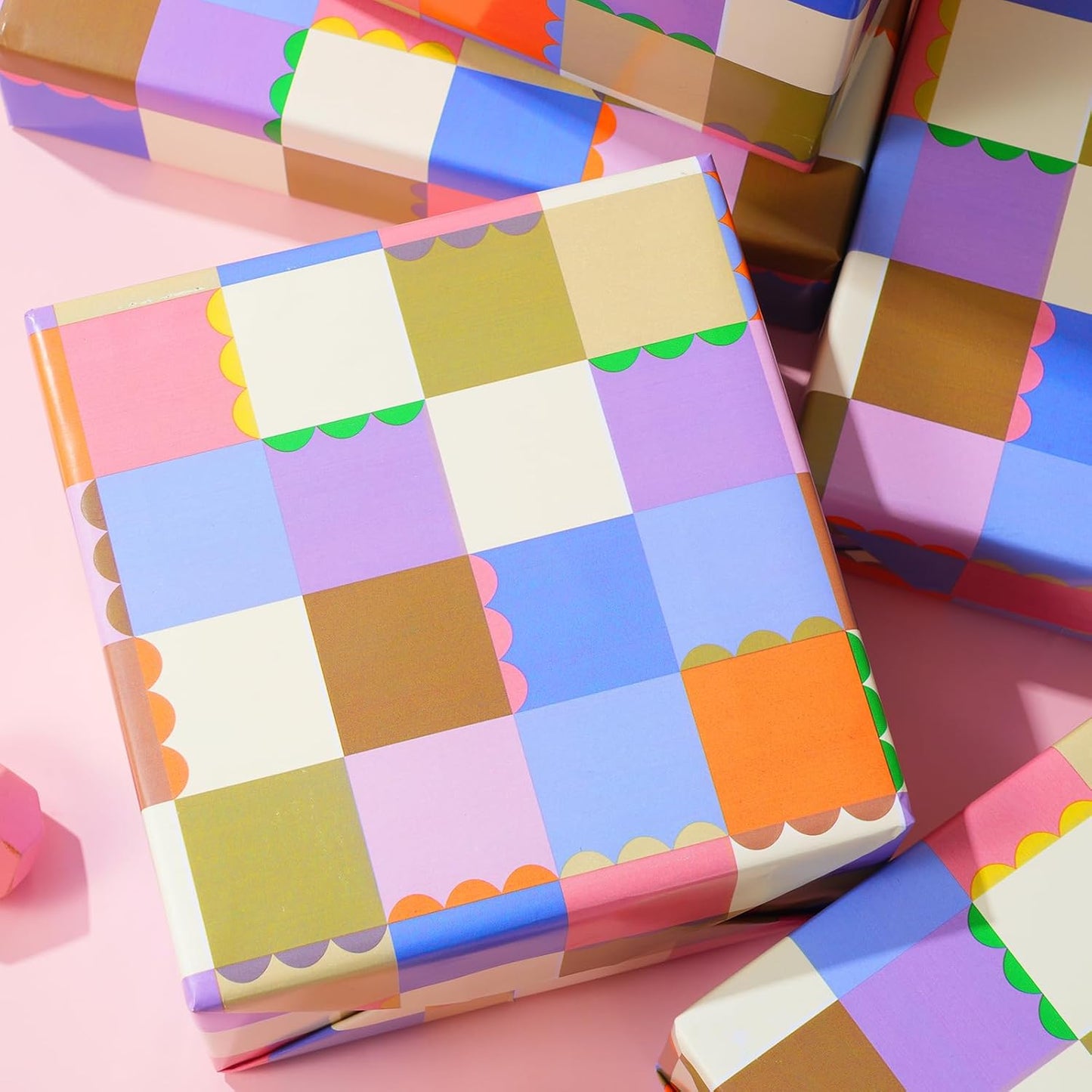 Ulmasinn Color Block Wrapping Paper Roll - 17 Inches x 33 Feet - for Girls Boys Kids, Colorful Square Patterned Gift Wrapping Paper with Scalloped Edges for Birthday Party, Holidays, Weddings