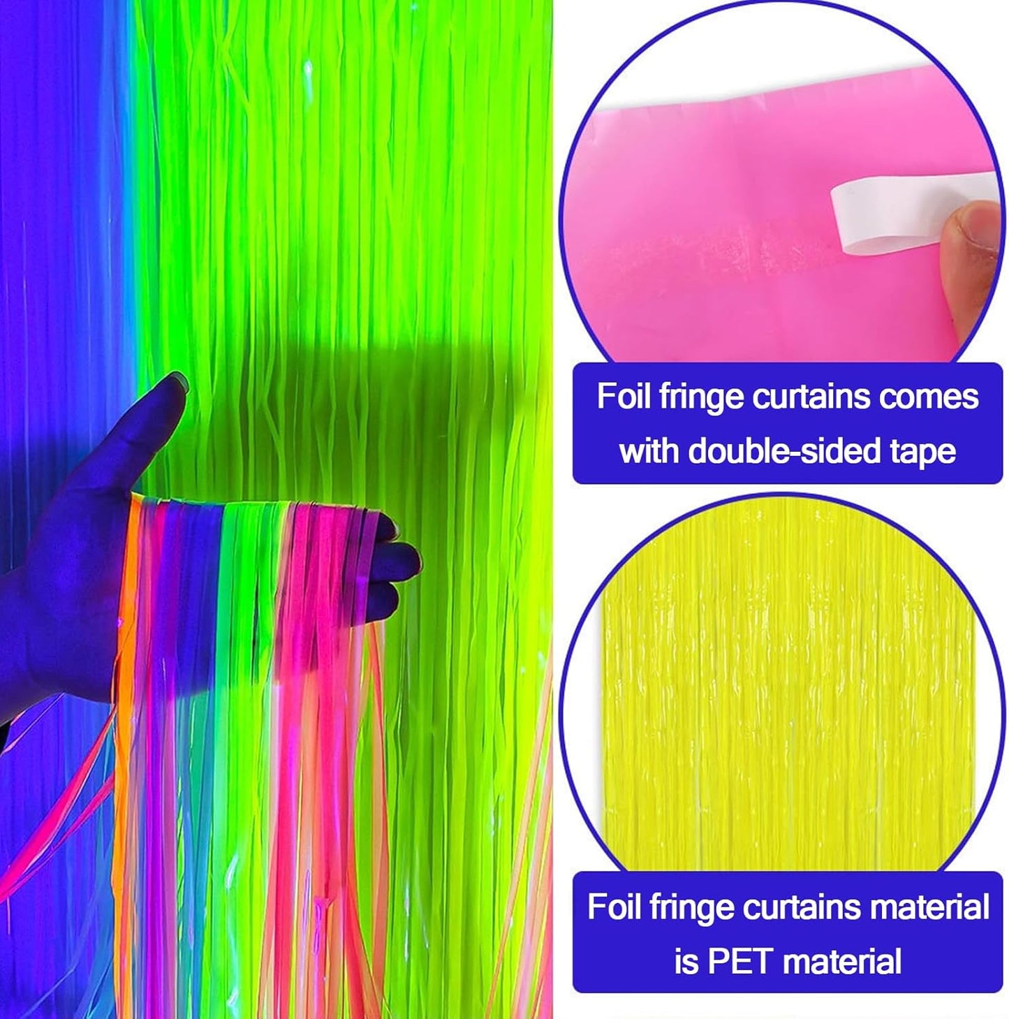 CANREVEL Glow in The Dark Party Supplies, 2 Pack 3.3x6.6 Feet Fluorescent Macaron Rainbow Foil Fringe Backdrop Curtains, Tinsel Streamers for Birthday Party Blacklight Decorations