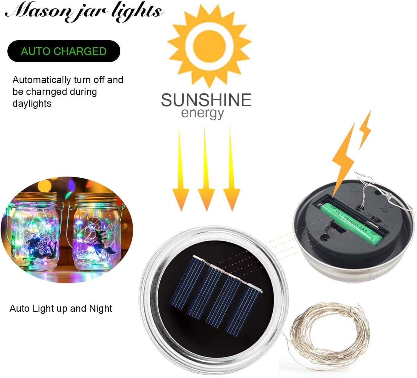 VOOKRY 12 Pack Solar Mason Jar Lights, 30 LED Mason Jar Lids Waterproof Firefly Fairy String Lights with 12 Hangers(No Jars), for Outdoor Patio Garden Yard Lawn Party Wedding Decoration - Multicolor