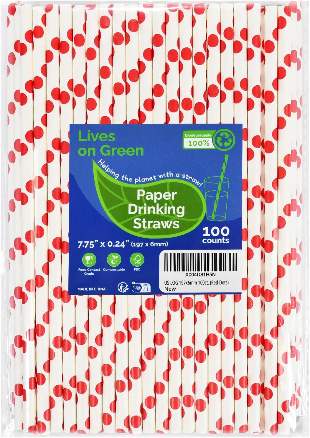 7.75'' x 0.24'' Red Polka Dots Disposable Paper Straws for Drinking, Compostable, 100 Counts - for Cocktail, Soda, Juice, Milk, Water