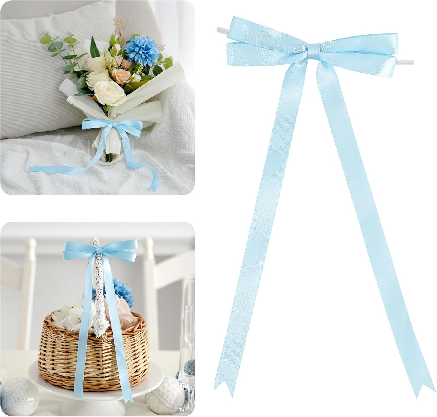 AIMUDI Baby Blue Bows 5 × 10" Satin Bows for Gift Wrapping Twist Tie Bows Premade Ribbon Bows for Bouquets Invitations Baskets Crafts Wreaths Wedding Birthday Baby Shower Party Decorations, 36 PCs