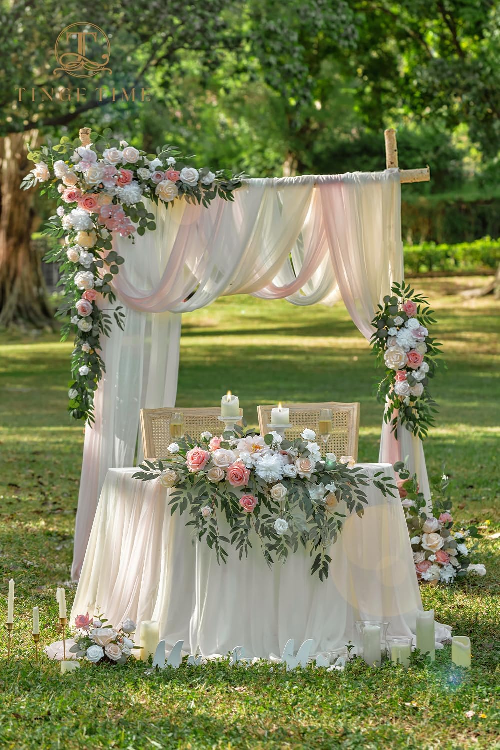 TINGE TIME Artificial Sweetheart Flower Swag with Table Cloth and Table Runner, Pack of 3 Floral Arrangement for Wedding Sweetheart Table Centerpiece Decoration (Dusty Rose & Champange)