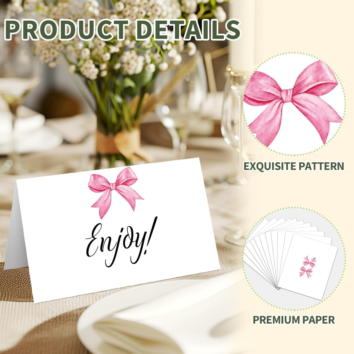 25 Pink Bow Place Cards for Table Seating, Watercolor Wedding Name Place Card, Tent Cards for Birthday Baby Shower Bridal Shower Reception Dinner Party Decorations -A25