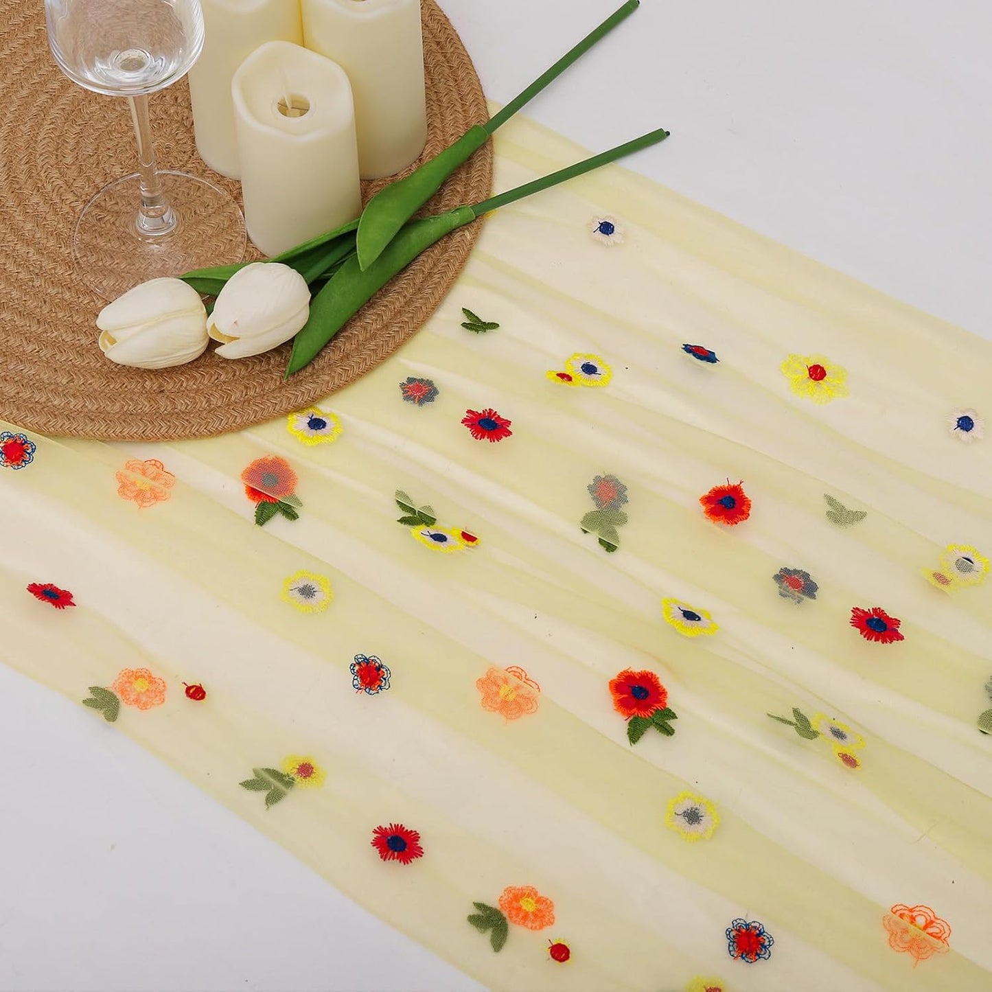 BINBE 12pcs Daisy Fall Table Runner Embroidery Gauze 10FT Florals Seasonal Tulle Holiday Birthday Kitchen Dining Table Decor for Home Party Yellow