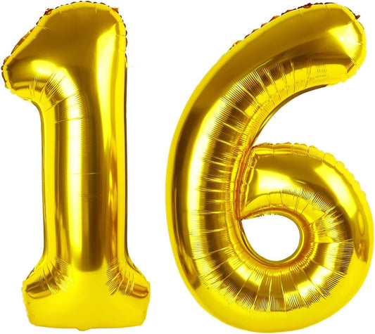 40 Inch Gold Mylar Foil Number 16 Birthday Balloon, Digital Balloons for 16 Sixteen Boy Girl Party Decorations Supplies, Big Helium Balloon Numbers for 16 Anniversary Graduation