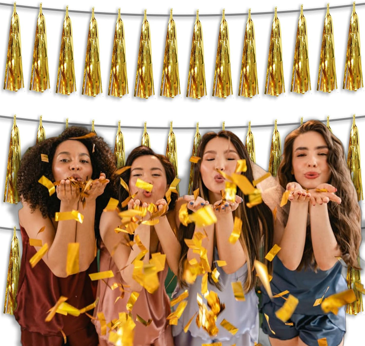 3P Metallic Fringe Tassel Banner Garland Foil Tinsel Streamer Wall Hanging Curtain Backdrop Banner for Parade Floats, Graduation Decorations, Wedding Party Decoration(Gold)