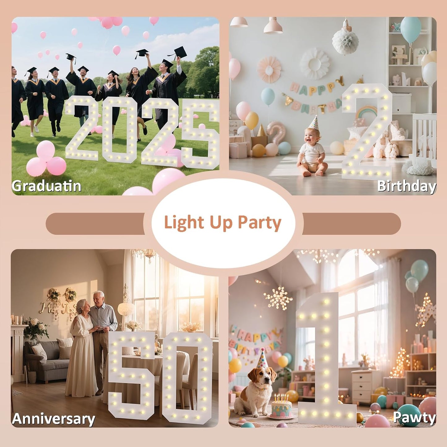 LOBOOM 4FT Light Up Numbers, Marquee Numbers 4 Feet Tall Giant Number 20 Mosaic Big Number Sign for 20th Birthday Party Backdrop Anniversary Decorations, Pre-Cut Large Frame