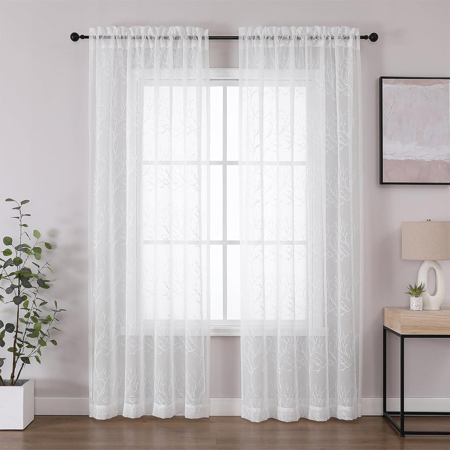 VISIONTEX Sheer Curtains 84 inch Length 2 Panels Set, Decorative White Coral Embroidery, Rod Pocket Embroidered Window Drapes for Living Room and Bedroom, 54" x 84"