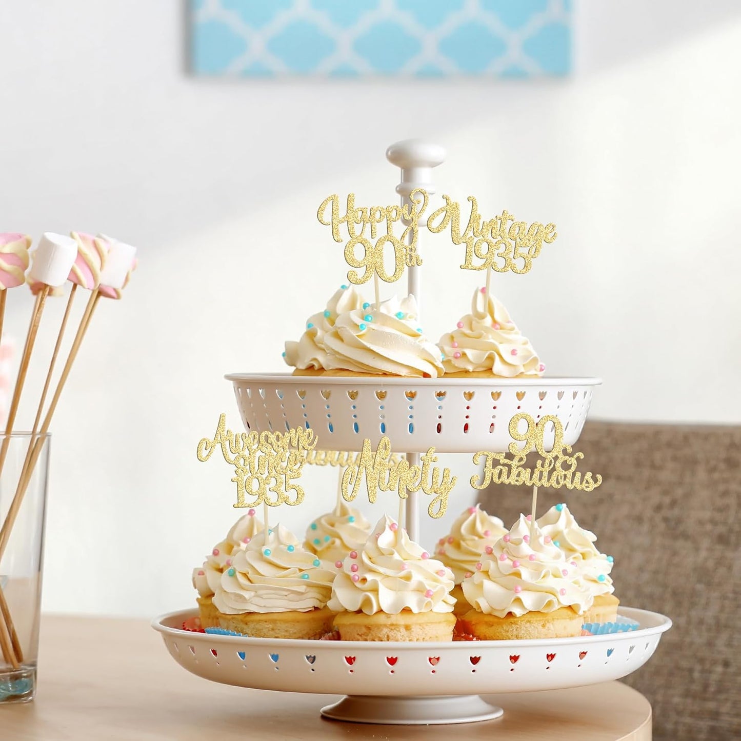 30Pcs Vintage 1935 Cupcake Toppers Glitter Ninety Happy 90th Birthday 90 Fabulous Cupcake Picks Awesome Since 1935 Cake Decorations for 90th Birthday Anniversary Retirement Party Supplies Gold