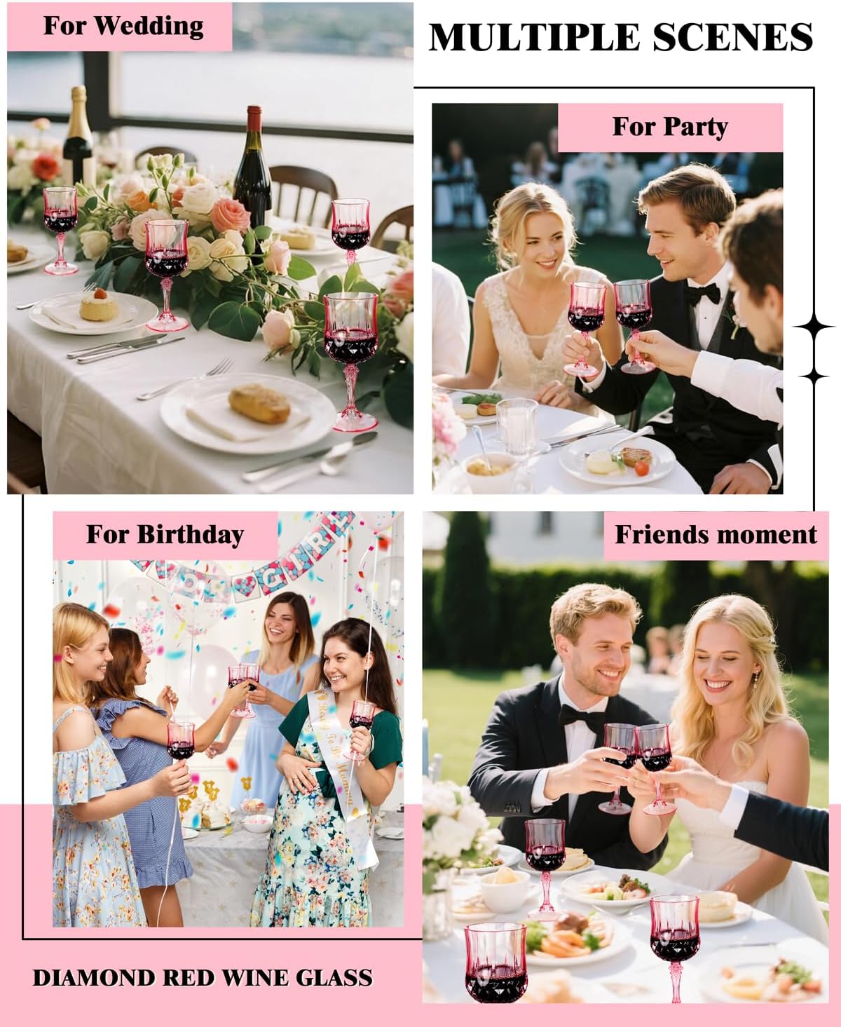 Ciaell 24PCS Pink Plastic Wine Glasses - 7 Oz Plastic Goblets for Party - Pink Vintage Drinking Glasses - Disposable Water Goblets Set for Wedding, Bar, Wine, Beer, Juice, Cocktail, Whiskey