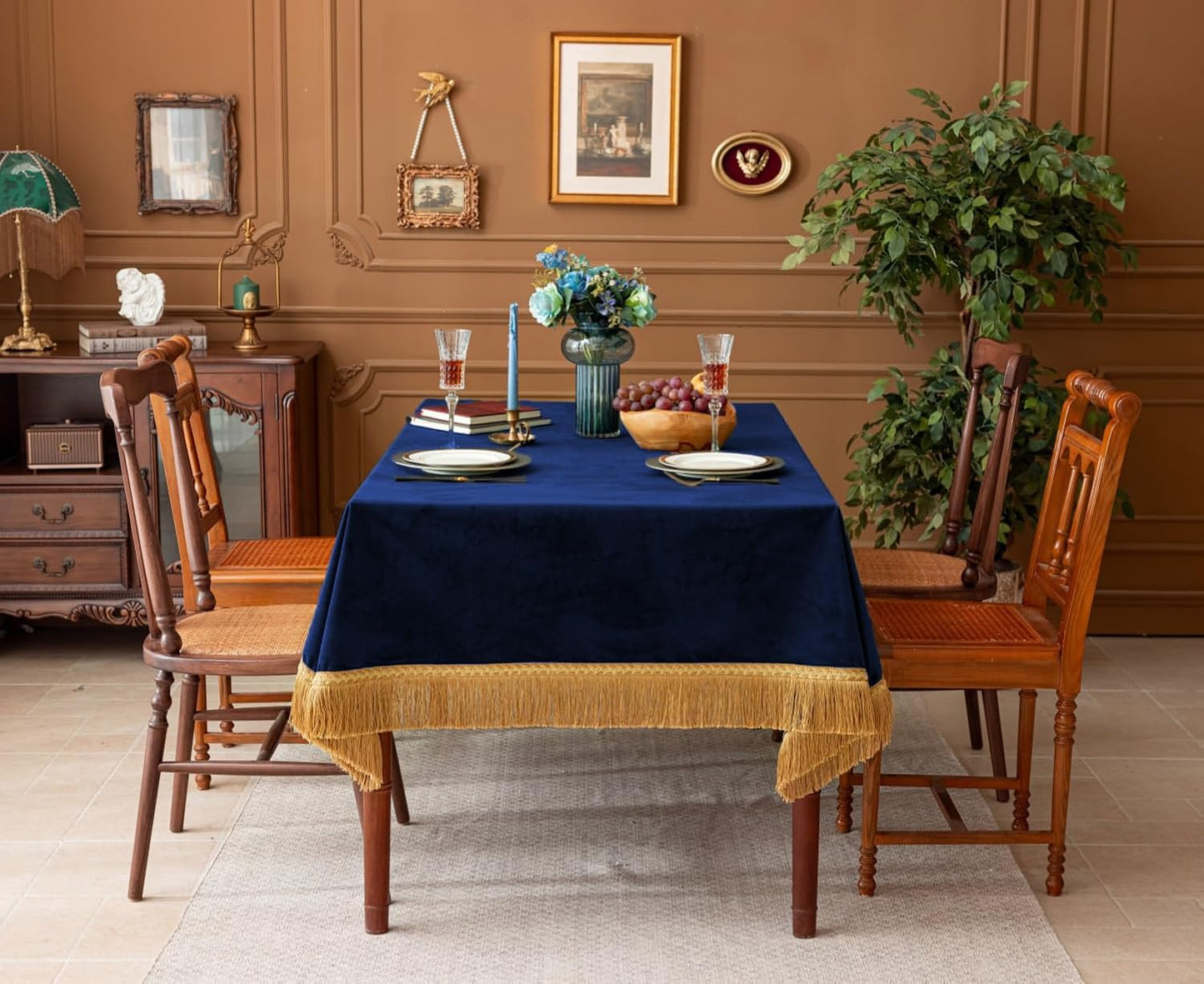 F-CHU Blue Tablecloth Thickset Velvet Tablecloth with Beautiful Gold Tassels Vintage Table Cloth for Home Decor Wedding, Party, Banquet and Events 60x86-Inch