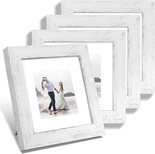 6x6 Picture Frame Set of 4 with High Definition Glass, Distressed White Frames Display 4x4 Picture with Mat or 6 x 6 Without Mat, Wood Square Photo Frame for Wall Mount and Tabletop Display
