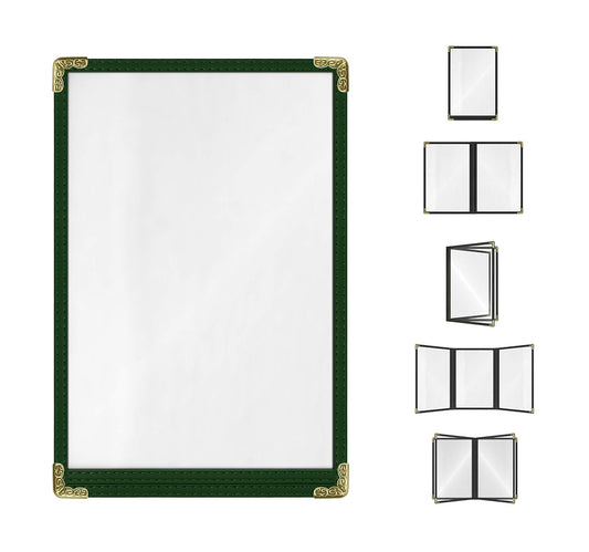 Goodsmart Restaurant Menu Covers – 25 Pack Green 2-View, Top-Loading Menu Holders, Vinyl & Plastic Café Menu Covers, Clear Menu Sleeves, Fits 5.5" x 8.5", Leather-Style Design, Gold Corners