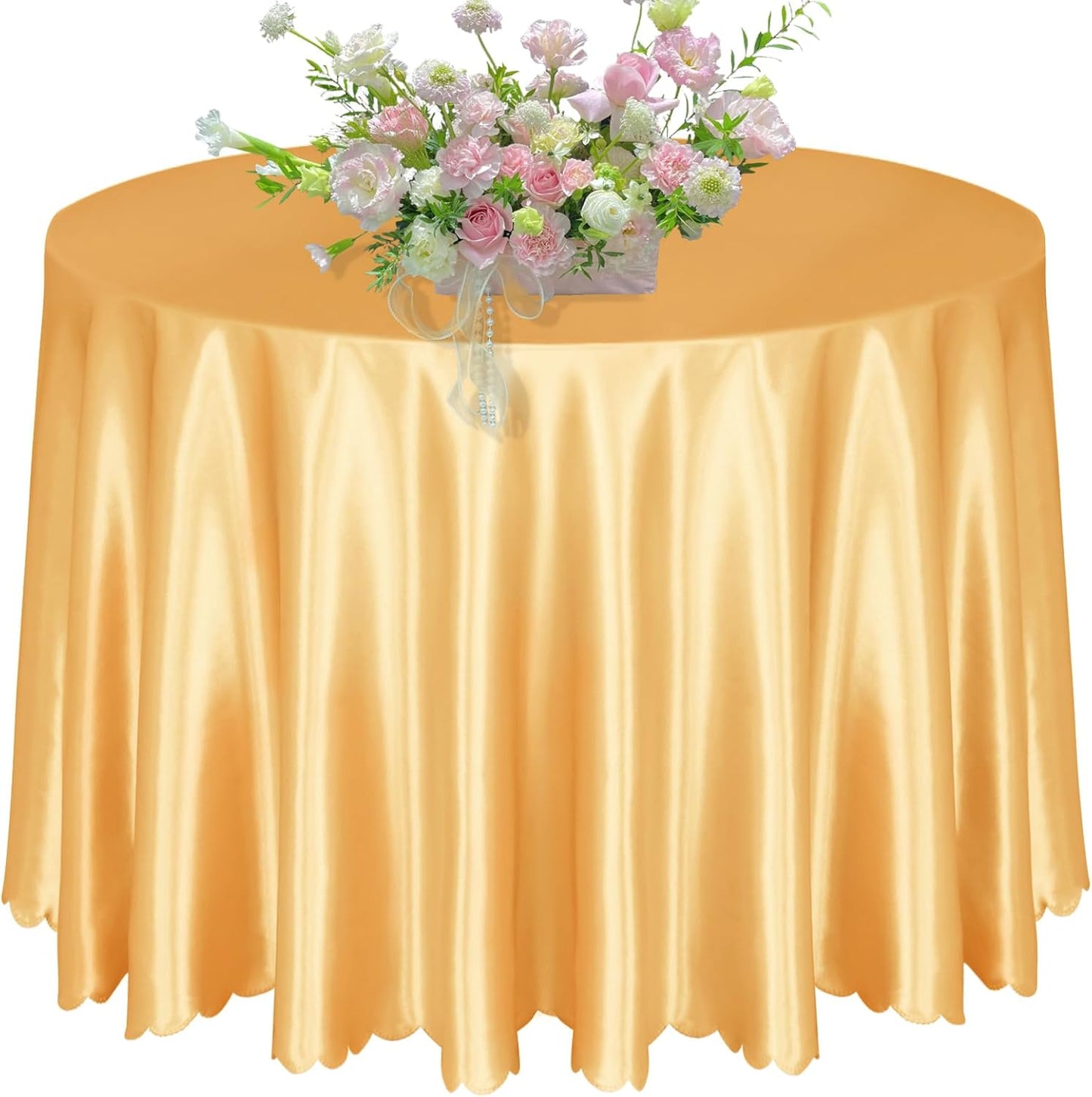KKJIAF 1 Pack 108 Inch Round Table Cloth, Gold Overlay Round Satin Table Cover, Silky Satin Dining Tablecloths for Wedding Buffet Parties Banquet Decoration