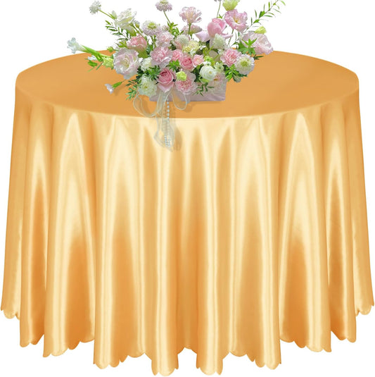 KKJIAF 1 Pack 108 Inch Round Table Cloth, Gold Overlay Round Satin Table Cover, Silky Satin Dining Tablecloths for Wedding Buffet Parties Banquet Decoration