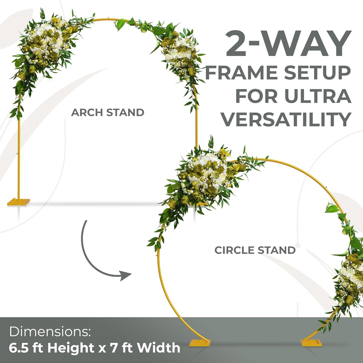 VerdeVista Convertible 6.5 FT Round Backdrop Stand - Heavy Duty Balloon Arch Stand with 2 Waterbags - Multiuse Photo Backdrop Arch, Gold Circle Ring Balloon Arch Frame for Wedding Baby Shower & More