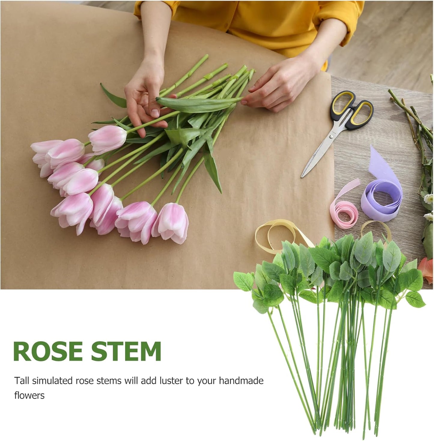 Veemoon 30pcs Floral Wire Stem with Leaves Artificial Plastic Rose Floral Wire Stems DIY Craft Bouquet Making Floral Arrangement Tools for Wedding Bouquet Centerpiece Home Decor