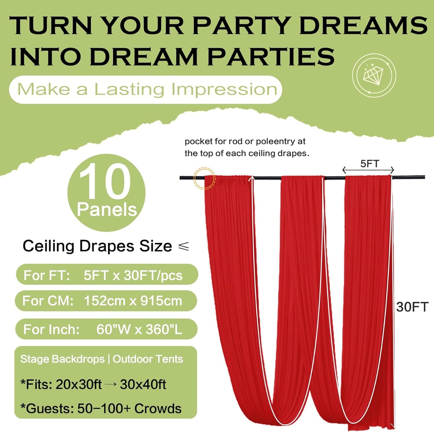 PartyVillage 10 Panels 5ftx30ft Red Ceiling Drapes for Wedding Parties – 30 FT Extra Long Thick Polyester Wrinkle-Free Drapery Tent Decor Decorations for Birthday Party Ceremony Stage Swag