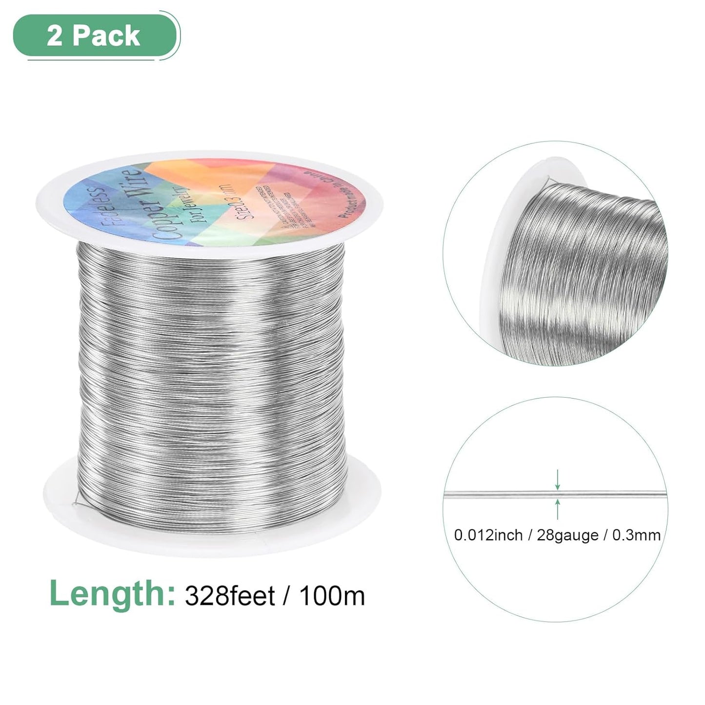 2-Rolls 0.3mm Jewelry Wire, 28 Gauge 328FT Craft Wire Copper Beading Wire for Jewelry Making/Planting/Weaving/DIY Crafting, Soft Metal Wires [100M, Silver White]