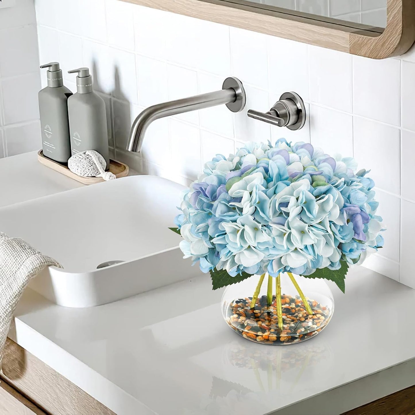 N&T NIETING Artificial Hydrangea Flowers with Vase Blue Silk Fake Flowers Faux Hydrangea Flowers with Faux Water Riverstones for Home Office Table Room Wedding Centerpiece Decorations