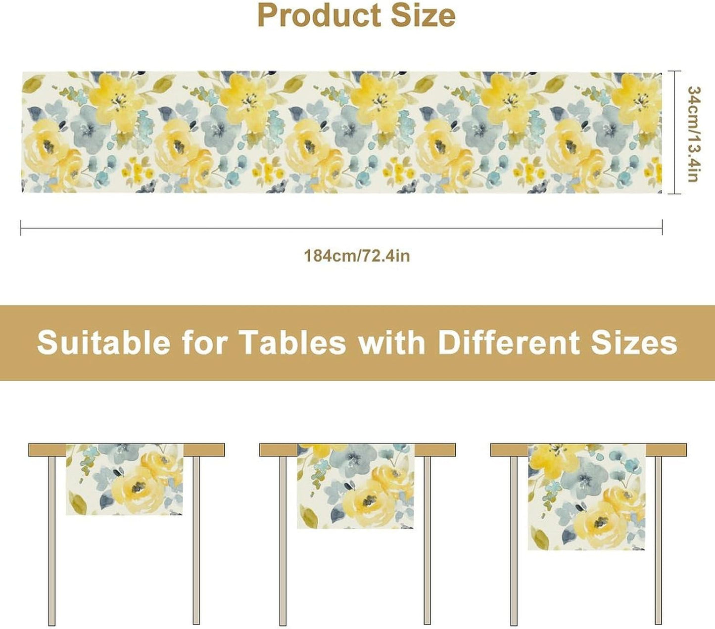 Watercolor Floral Table Runner, Seasonal Summer Yellow Flower Print Kitchen Dinning Table Runner for Indoor Outdoor Home Wedding Party Holiday, 13x36 Inch
