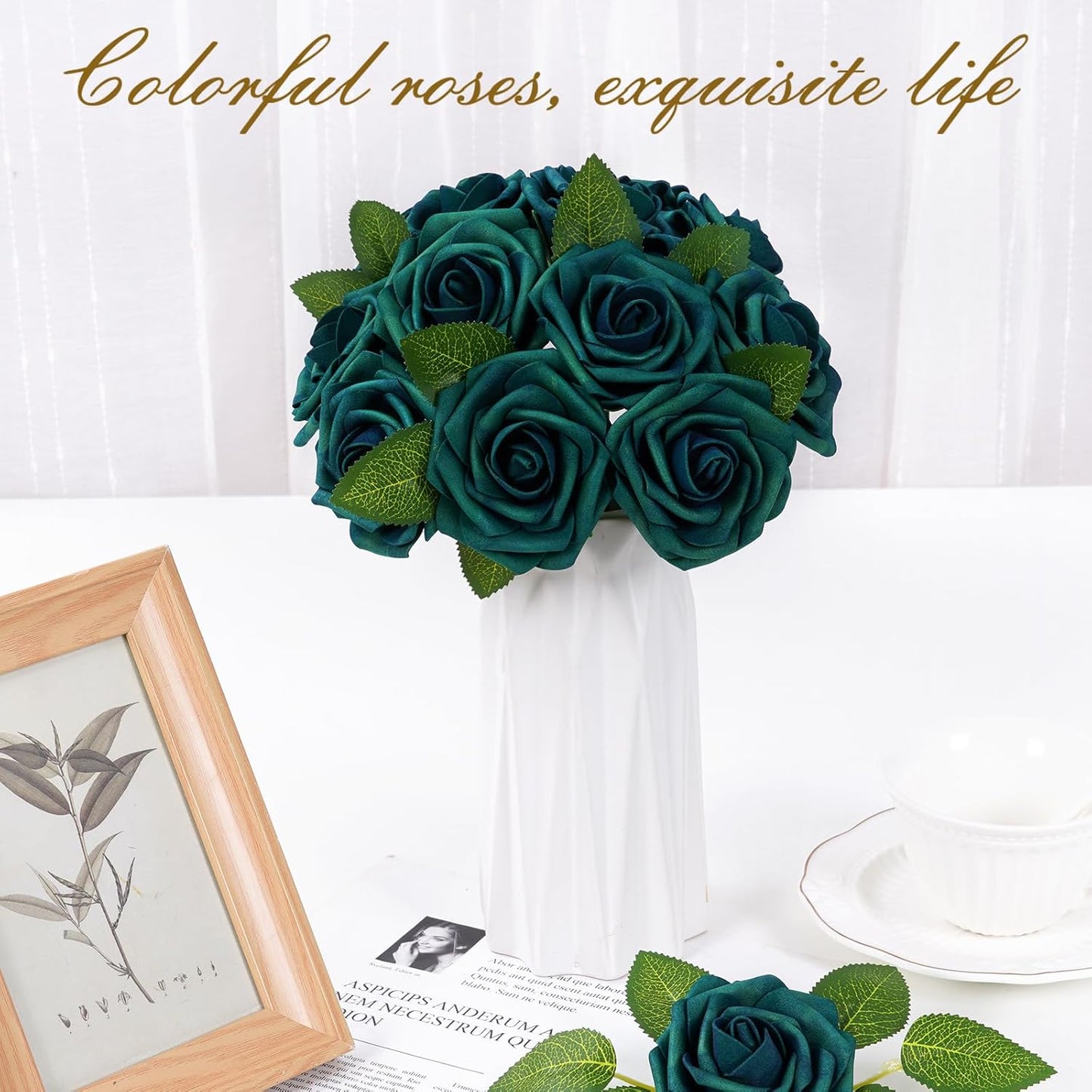 BLEUM CADE 16Pcs Artificial Flowers Fake Roses with Stems, Army Green Boxed Foam Roses for DIY Bouquets Centerpieces Wedding Party Arrangement Bridal Shower Decor