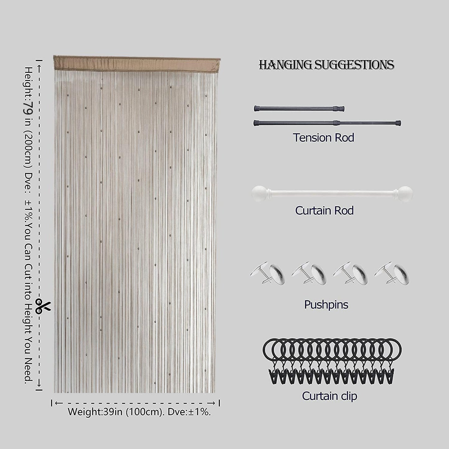 Beaded Curtain Beads Door String Curtains Ideal for Living Room Decor Wall Hanging Fringe Doorway Divider Bedroom Backdrop Hippie Window Closet Privacy Rod Pocket Dense (100x200cm,Ecru)