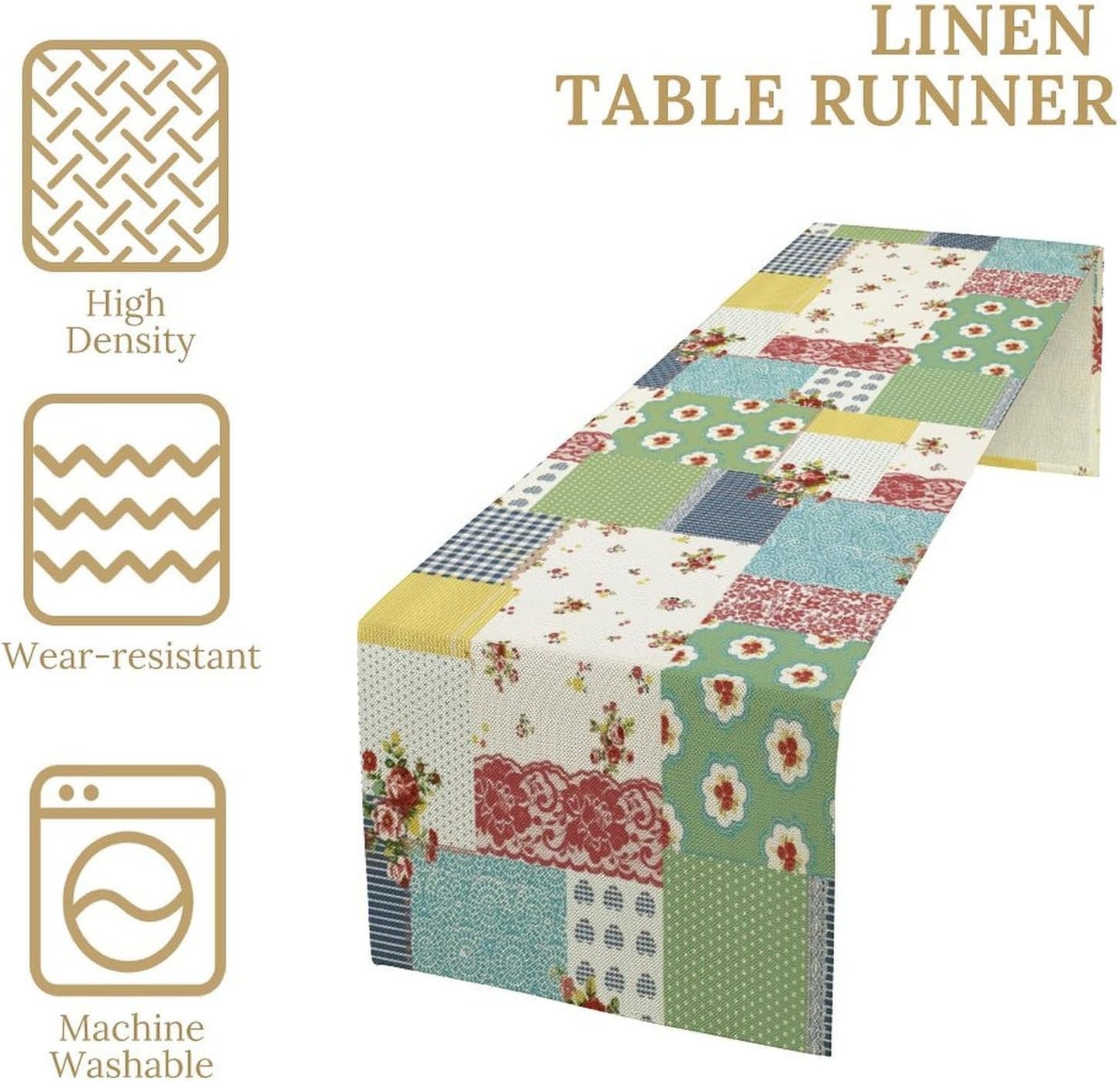 Patchwork Boho Table Runner,Vintage Colorful Floral Plaid Polka Dot Print Tablecloth Burlap for Hotel Indoors Outdoor Dining Room Kitchen Home Decor,W13X L60 in