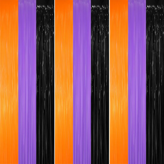 GOER 3.2 ft x 8.2 ft Metallic Tinsel Foil Fringe Party Backdrop for Halloween Birthday Graduation New Year's Party Decorations(3 Packs,Black&Orange&Purple)