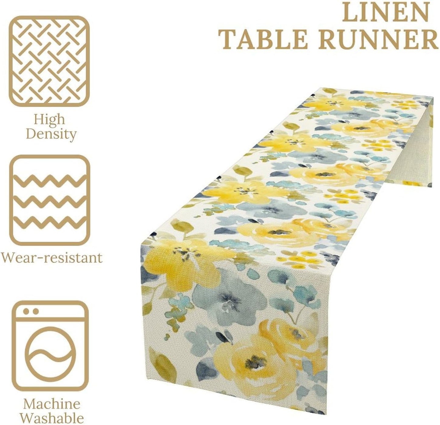 Watercolor Floral Table Runner, Seasonal Summer Yellow Flower Print Kitchen Dinning Table Runner for Indoor Outdoor Home Wedding Party Holiday, 13x36 Inch
