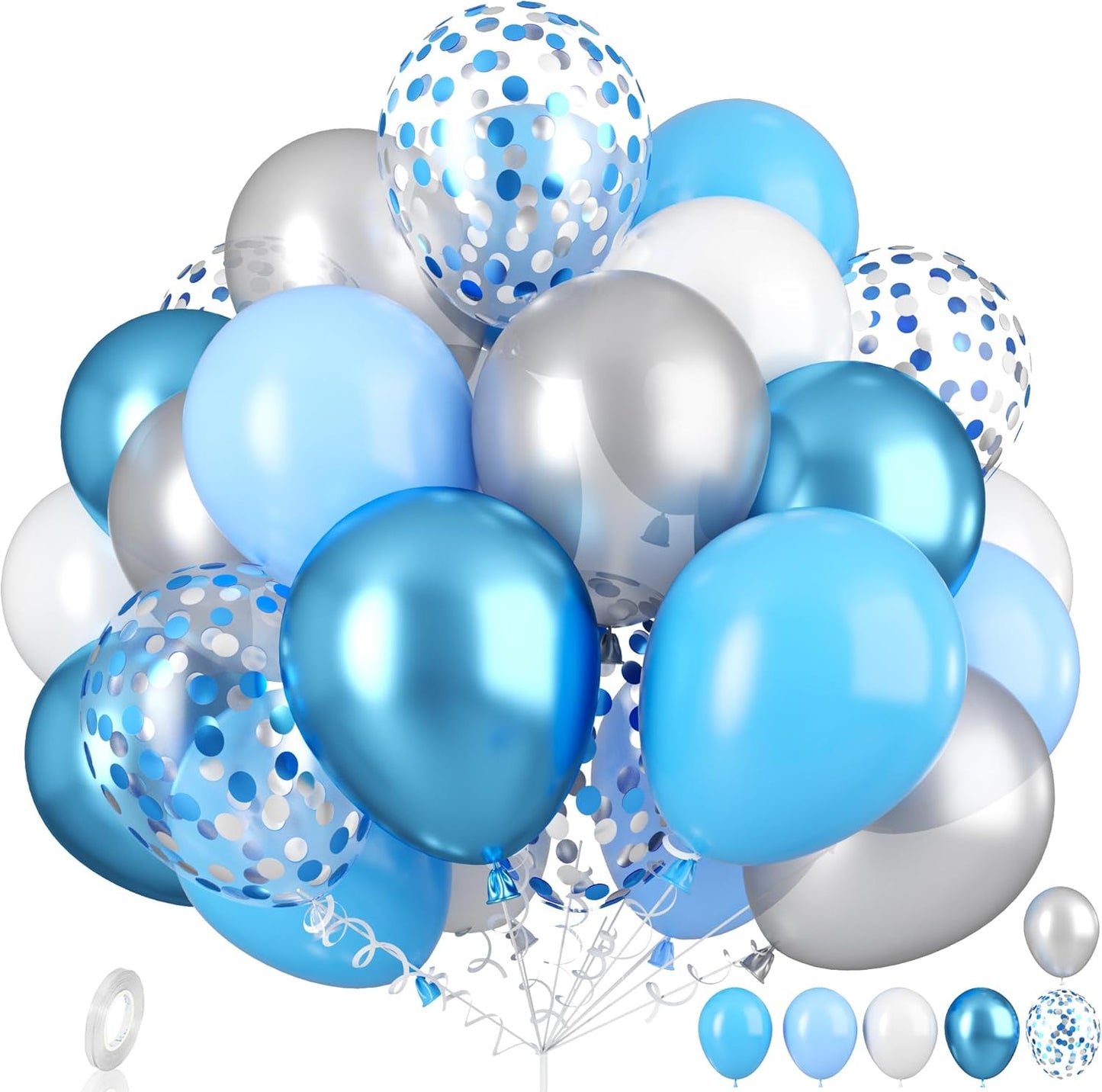 Blue Silver White Confetti Balloons Kit, Light Blues Metallic Blue Pastel Blue and Pearl Silver Birthday Balloon, for Boy Birthday Baby Shower Wedding Party Decor