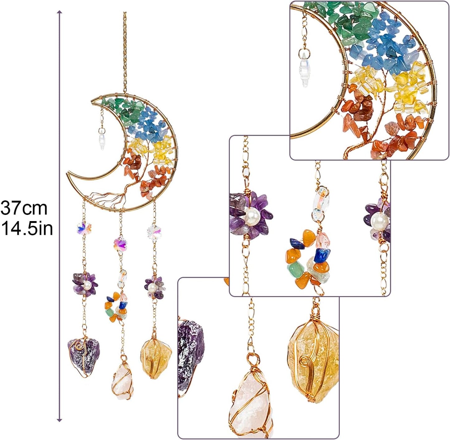 TUOKING Colorful Crystal Moon Suncatchers for Window Hanging Tree of Life Natural Healing Stones Wind Chimes Sun Catcher Rainbow Maker Good Luck Gifts Decor for Home Garden