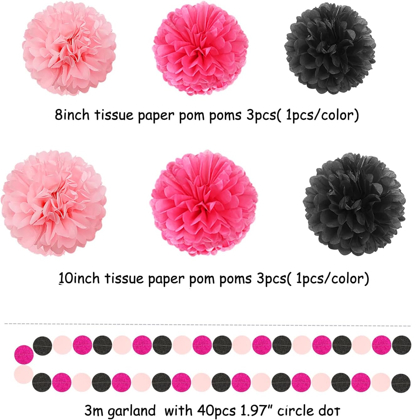 Hot-Pink Black Party-Decorations Paper Flower Streamers - 23pcs Baby Girl Women Birthday Tissue Pom Poms,Bachelorette Shower Tassel Garland Banner,Graduation Hanging Supplies Decor Ouruola