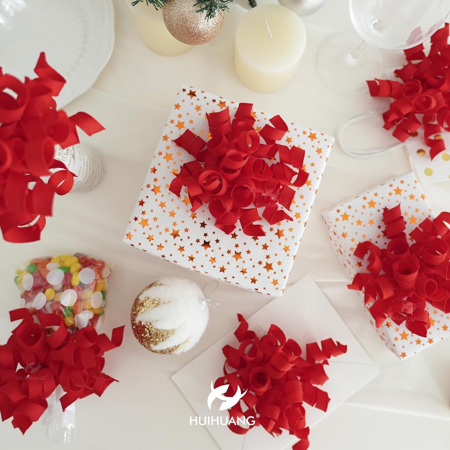 HUIHUANG Red Bows for Gift Wrapping, Red Curly Ribbon Bows Self Adhesive Burst Gift Bow for Christmas Presents, Wine Bottle, Treat Bags, Valentine's Day, Wedding Party Favor - 6 Counts