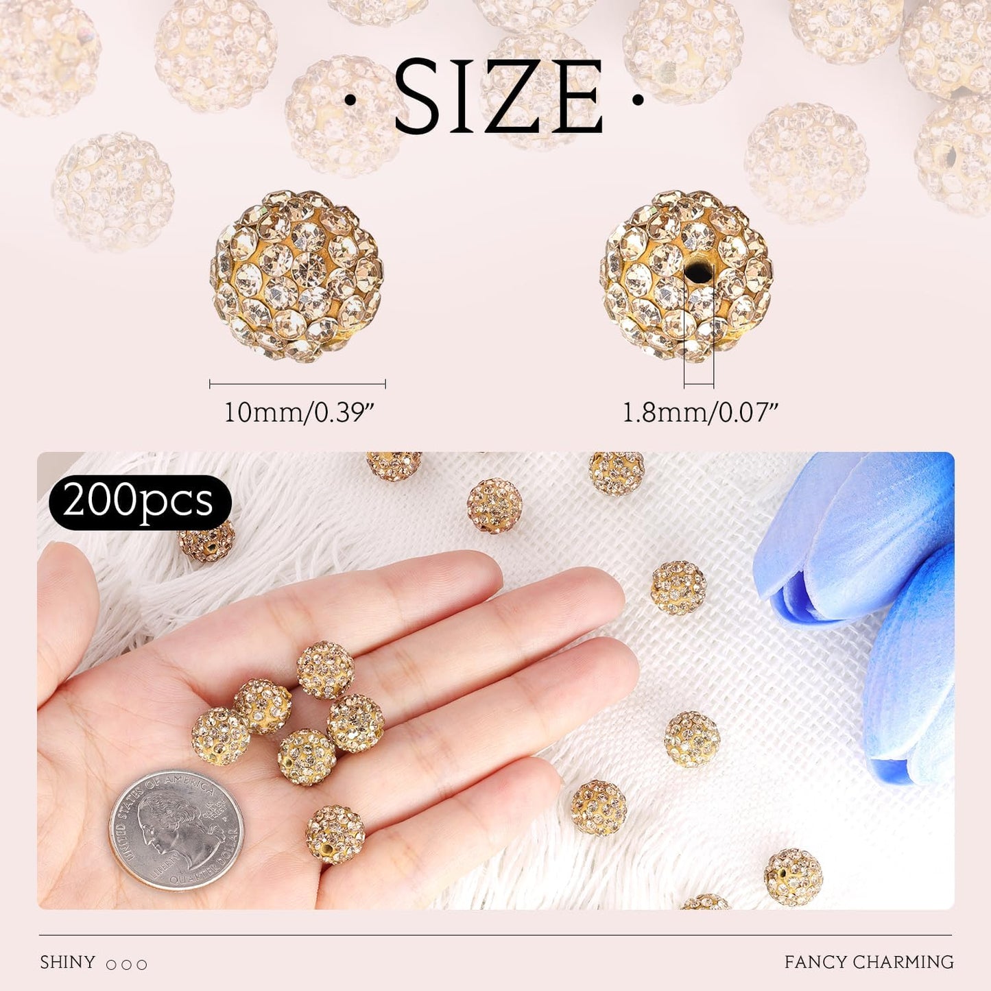 200pcs 10mm Light Brown Rhinestone Beads for Jewelry Making, Shiny Round Shamballa Disco Ball Beads, Sparkle Crystal Clay Christmas for Bracelet Baseball Necklace Earring Crafting and DIY