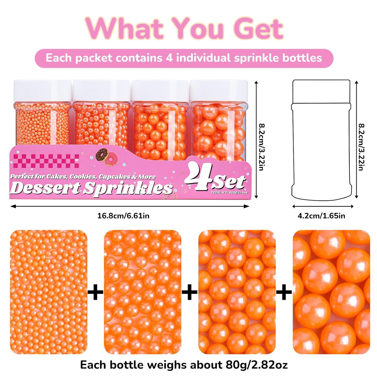Orange Pearl Sprinkles for Cake Decorating, 11.3 Oz Edible Pearls Sugar 4 Sizes Gift Box Set for Baking Cookie Ice Cream Cupcake Toppings