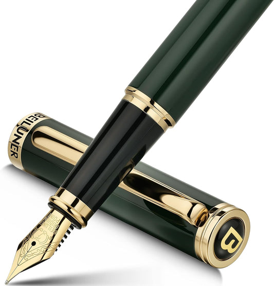 BEILUNER Racing Green Fountain Pen,Stunning Luxury Pens with 24K Gold Finish, Gorgeous 24K Gilded Nib(Fine), Trustworthy Gift for Men&Women -Ink Converter-Elegant, Graduation,Fancy Pen for Writing