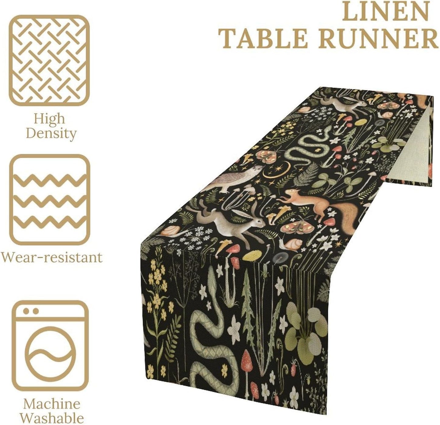 Mushroom Table Runner,Vintage Boho Forest Wild Animal Wildflower Botanical Plants Pattern Print Burlap Hotel Indoors Outdoor Dining Room Kitchen Holiday Party, 13x108in