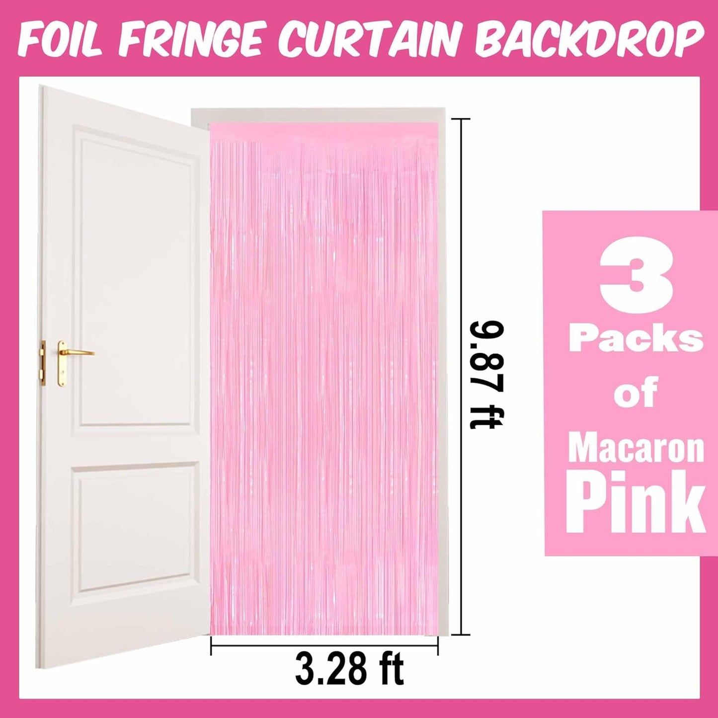 3 Pack Macaron Pink Foil Fringe Curtains Backdrop, 3.28 x 9.8 Ft Metallic Streamers Tinsel Curtains Background for Photo Booth, Birthday, Halloween, Christmas, New Year Party Decorations