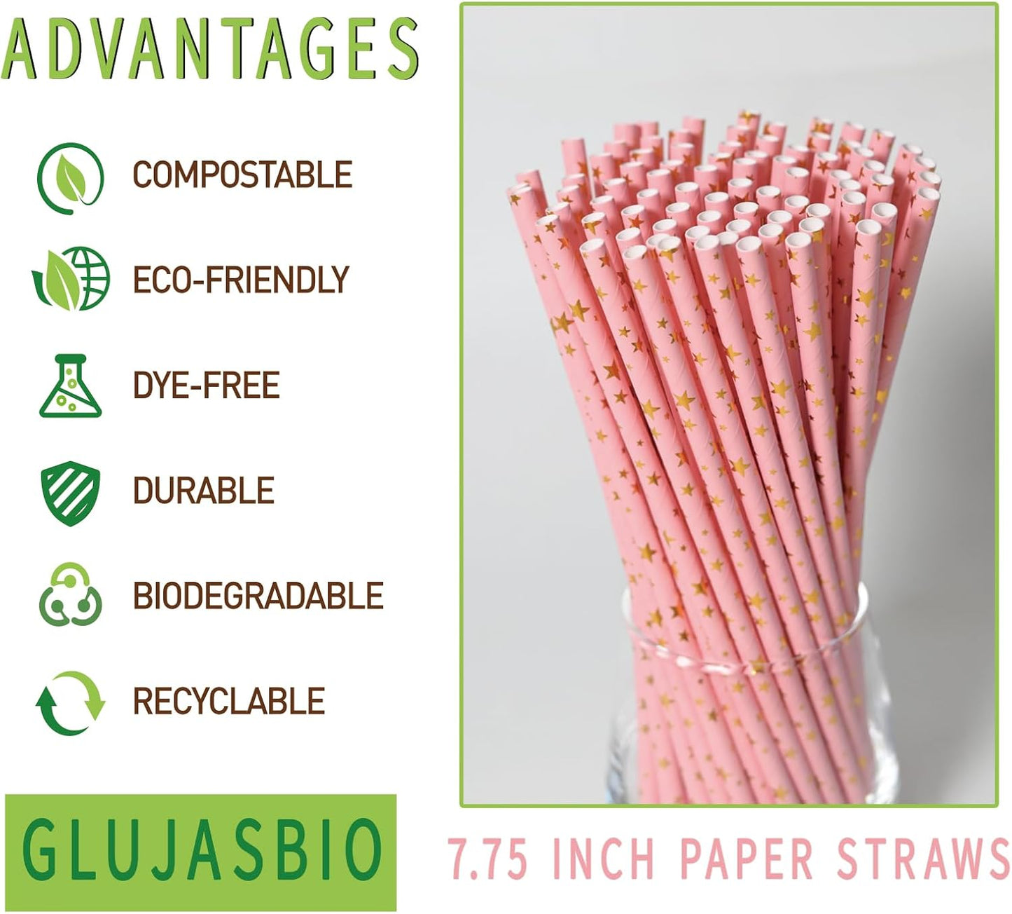 Disposable Paper Straws - Pink Gold Star Paper Straws for Party, Bridal Shower, Wedding, Bar Supplies, 100 Count