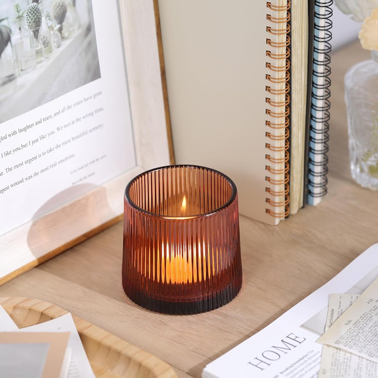 Amber Ribbed Tealight Votive Candle Holders Set of 10- Votive Candle Holders for Table Centerpiece, Tea Light Candle Holder Glass for Wedding and Home Decor, Blue Decor and Gifts