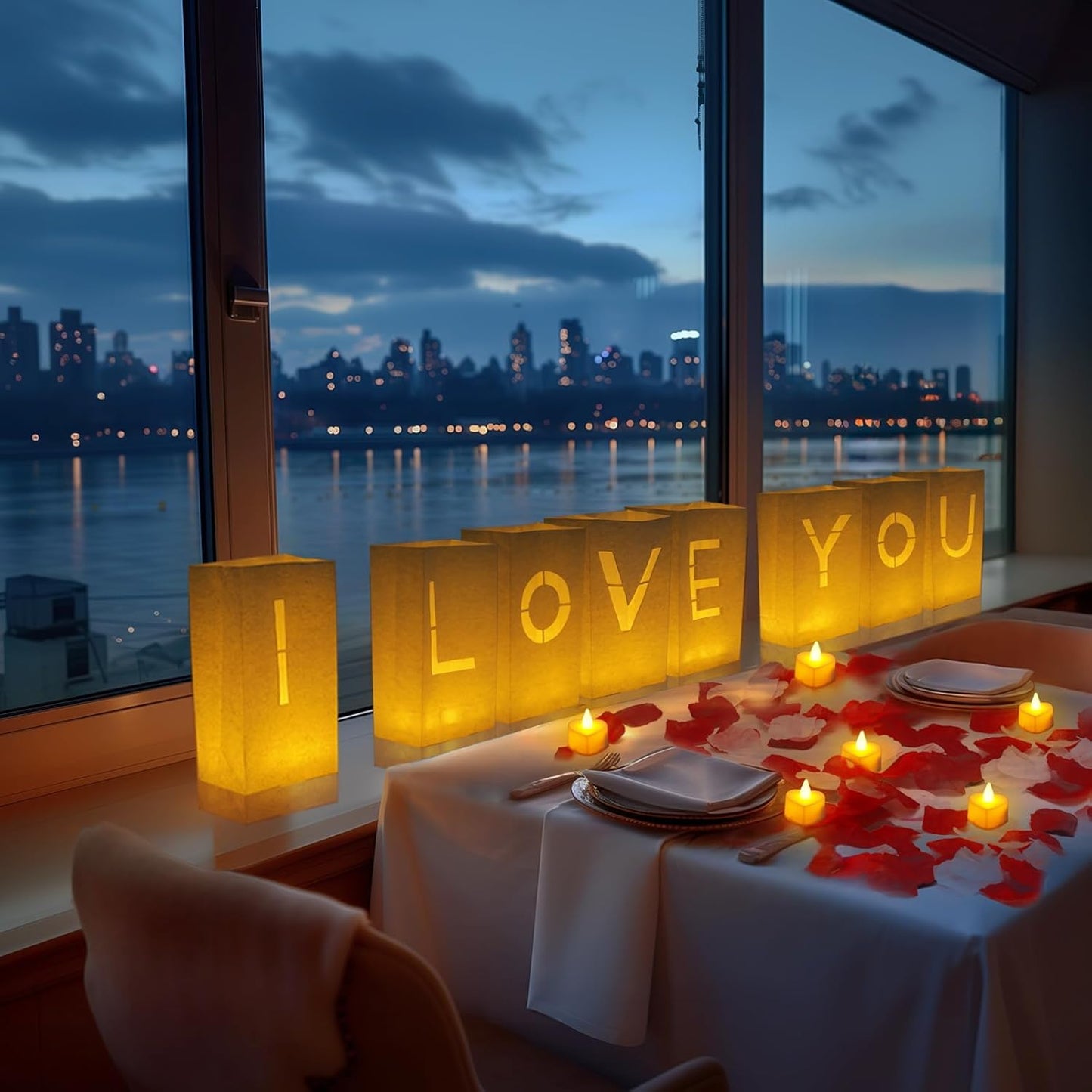 Homemory I Love You Light Up Letters Proposal Decorations with Flameless Candles and Fake Rose Petals, Valentine's Day Luminary Bags Romantic Decorations Special Night for Wedding Anniversary
