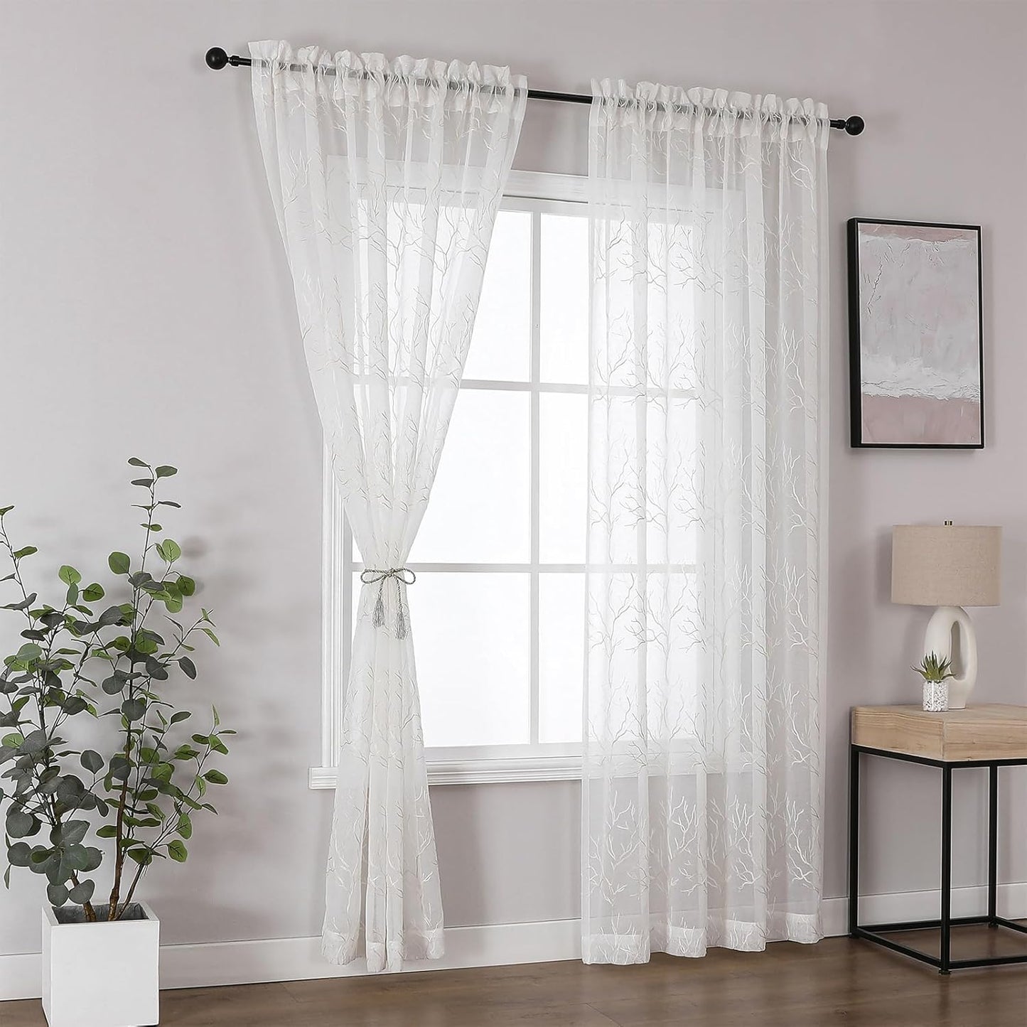 VISIONTEX Sheer Curtains 72 inch Length 2 Panels Set, Decorative Beige Coral Embroidery, Rod Pocket Embroidered Window Drapes for Living Room and Bedroom, 54" x 72"