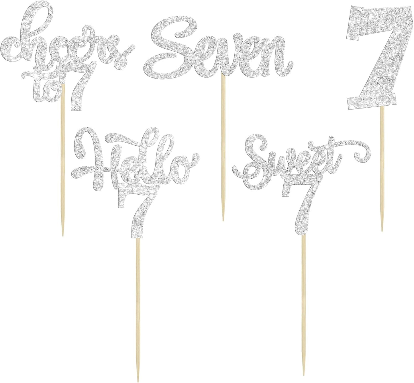 30Pcs 7th Birthday Cupcake Toppers Glitter Seven Happy 7 Cupcake Picks Cheers to 7 Years Old Cake Decorations for 7th Birthday Party Supplies Silver
