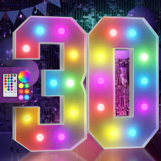Marquee Numbers Colorful 30th-Birthday Decoration: 4FT Large Light Up 30 Year Old Birthday Decorations Anniversary Backdrop for Men Women Cardboard White Sign 18 Colors Number 30 Mosaic Balloon Frame