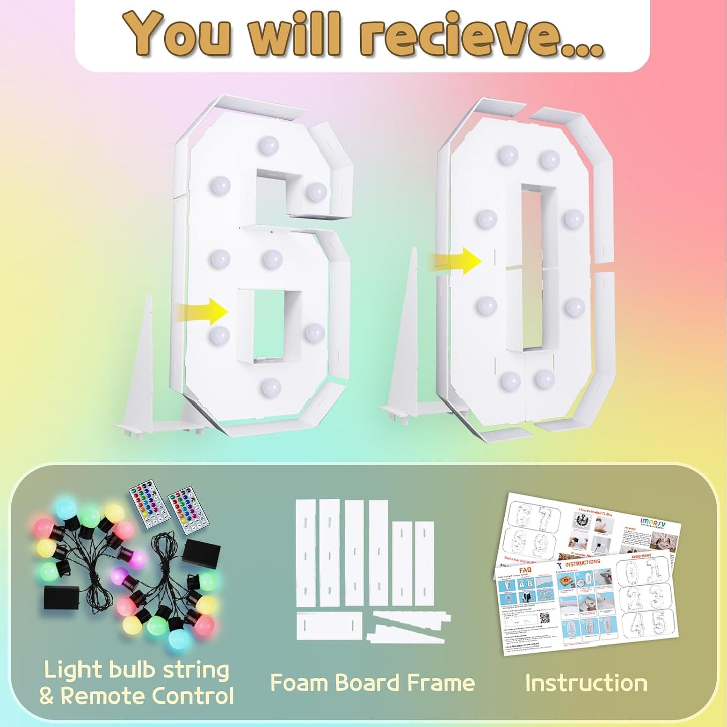 Marquee Numbers Colorful 60th-Birthday Decoration: 4FT Large Light Up 60 Year Old Birthday Decorations Anniversary Backdrop for Men Women Cardboard White Sign 18 Colors Number 60 Mosaic Balloon Frame